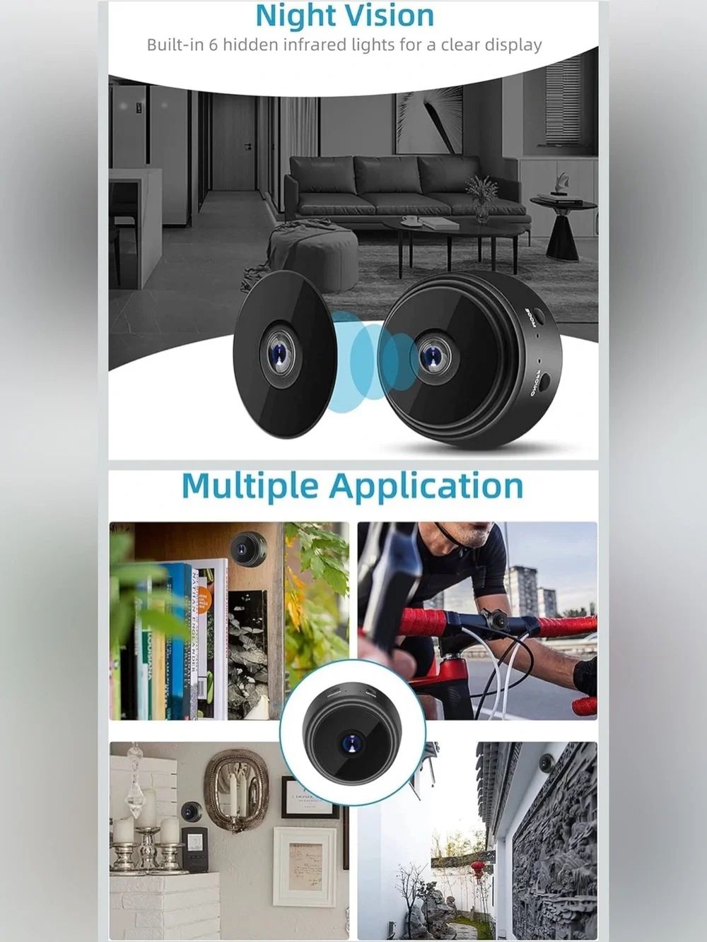 Compact Black WiFi Security Camera with USB Cable
